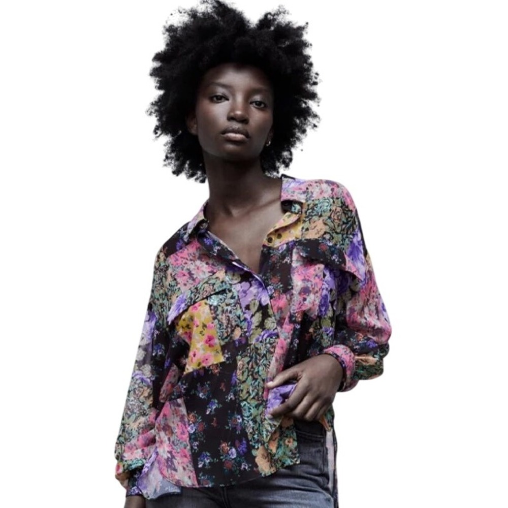 Zara Sheer Long Sleeve Blouse Patchwork Floral Print Collared Top S